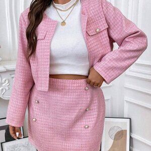 SHEIN Franclia Plus Flap Detail Open Front Jacket & Skirt